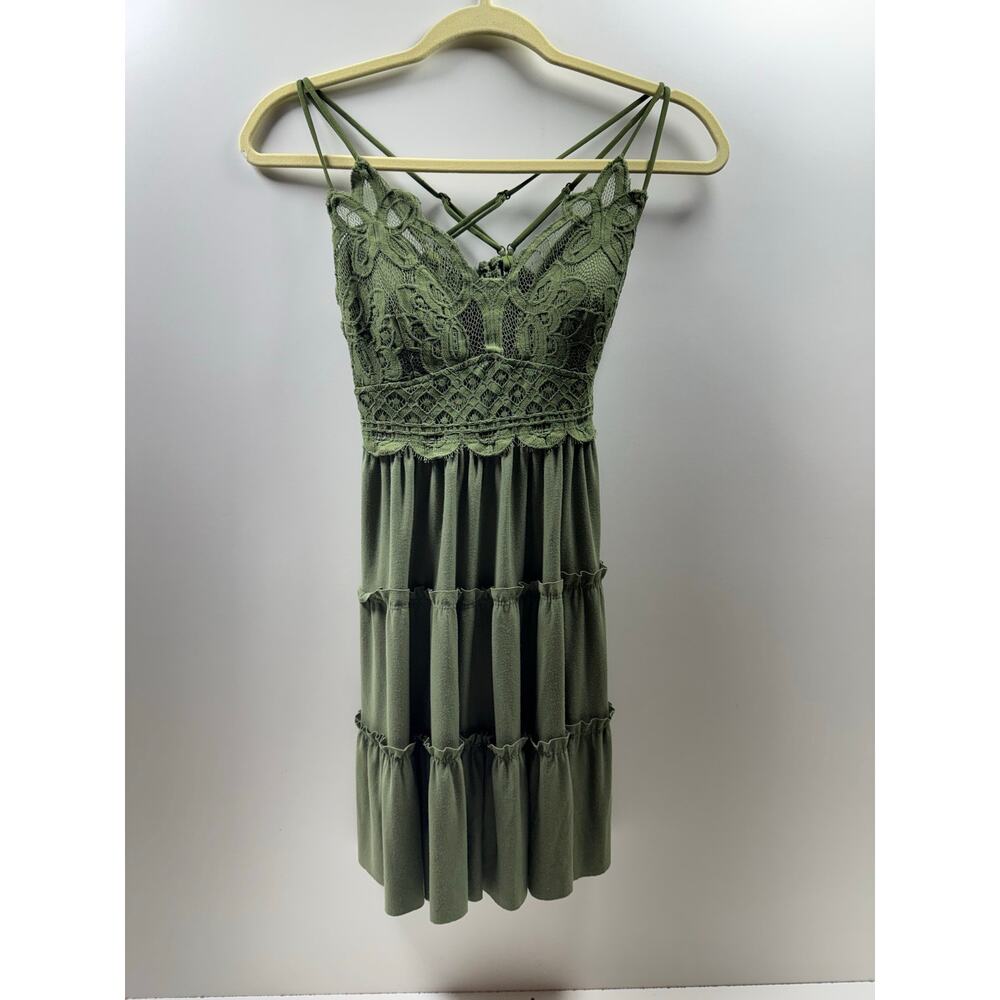 Y2K Boho Babydoll Tiered Mini Dress Green Sz Large Strappy Juniors Coquette - Picture 8 of 11